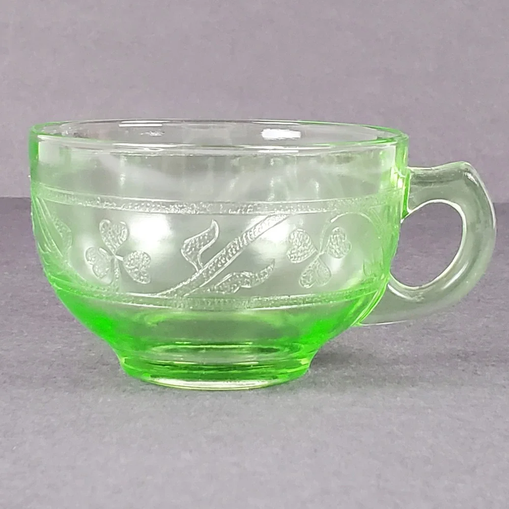 Hazel-Atlas Cloverleaf Green Uranium Depression Glass Tea Cup and Saucer Set